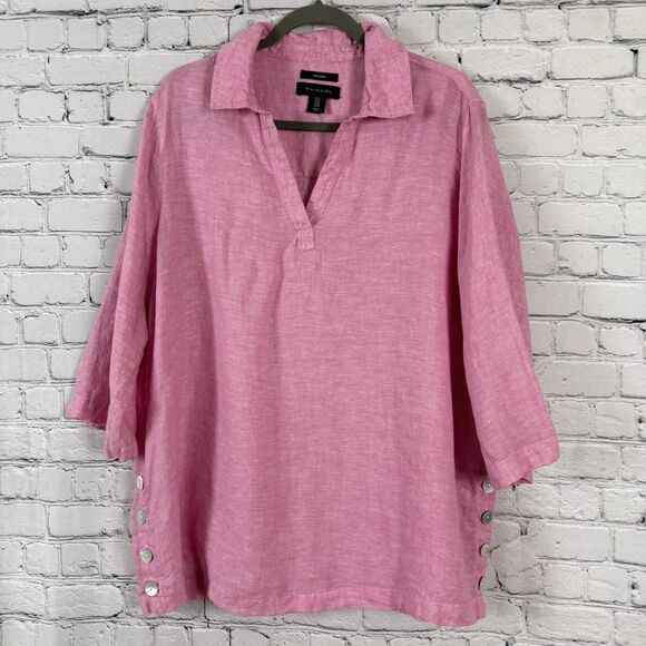 Tahari Linen Pullover Tunic Top Shirt Pink Granola Girl Minimalism - Picture 1 of 7